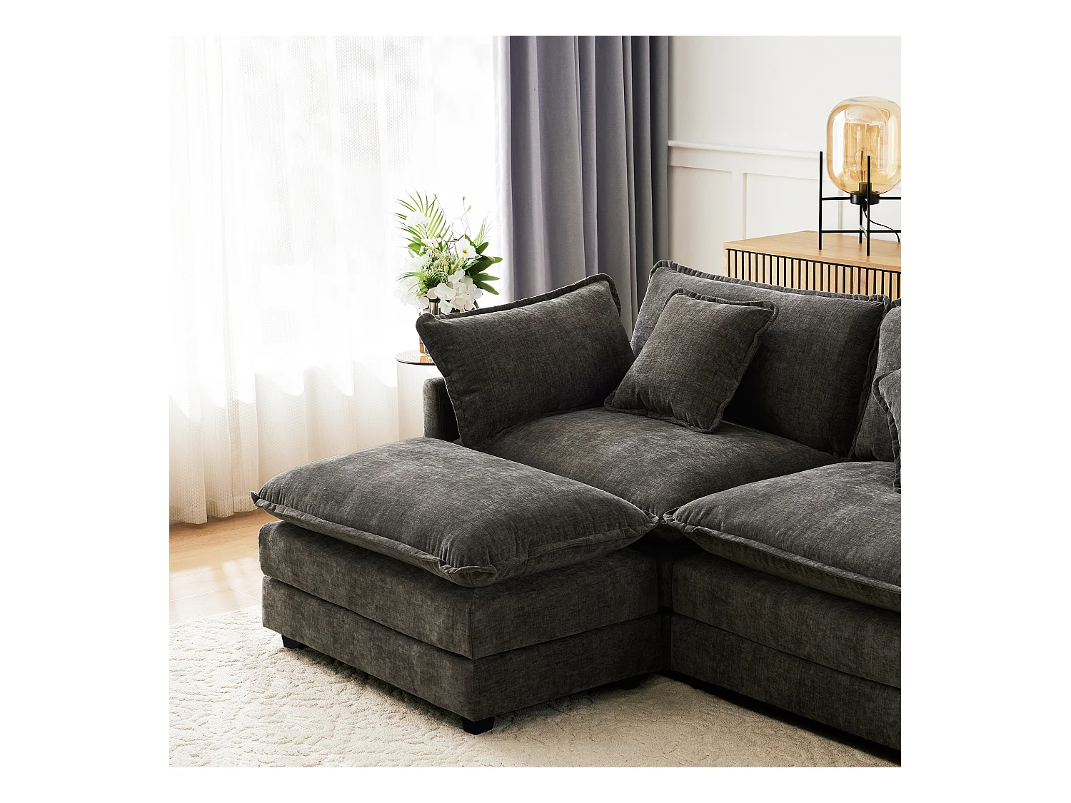 Canapé rembourré 3 places avec repose-pieds - 283 x 147 x 84 cm - pour salon et chambre - velours - gris