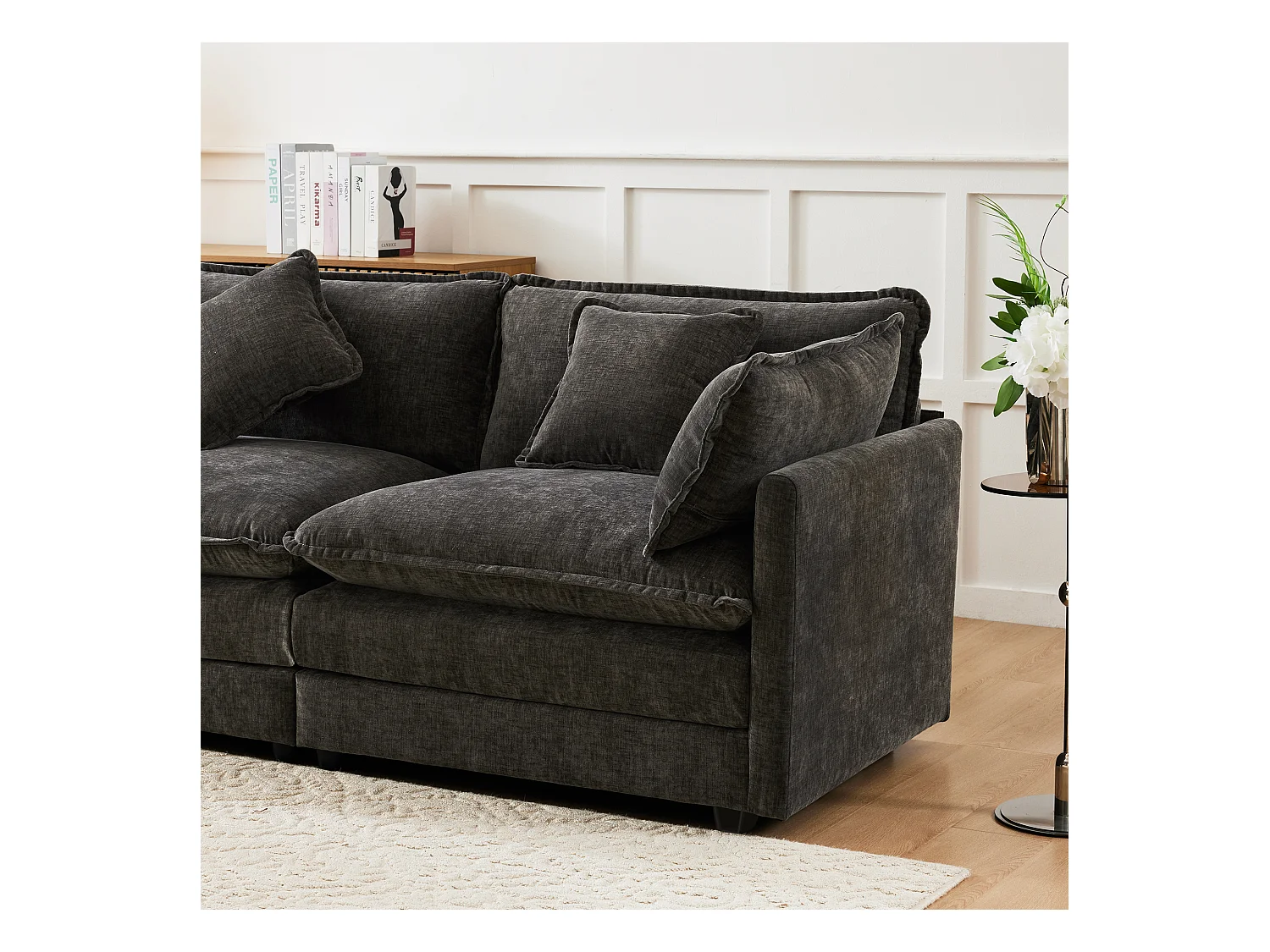 Canapé rembourré 3 places avec repose-pieds - 283 x 147 x 84 cm - pour salon et chambre - velours - gris