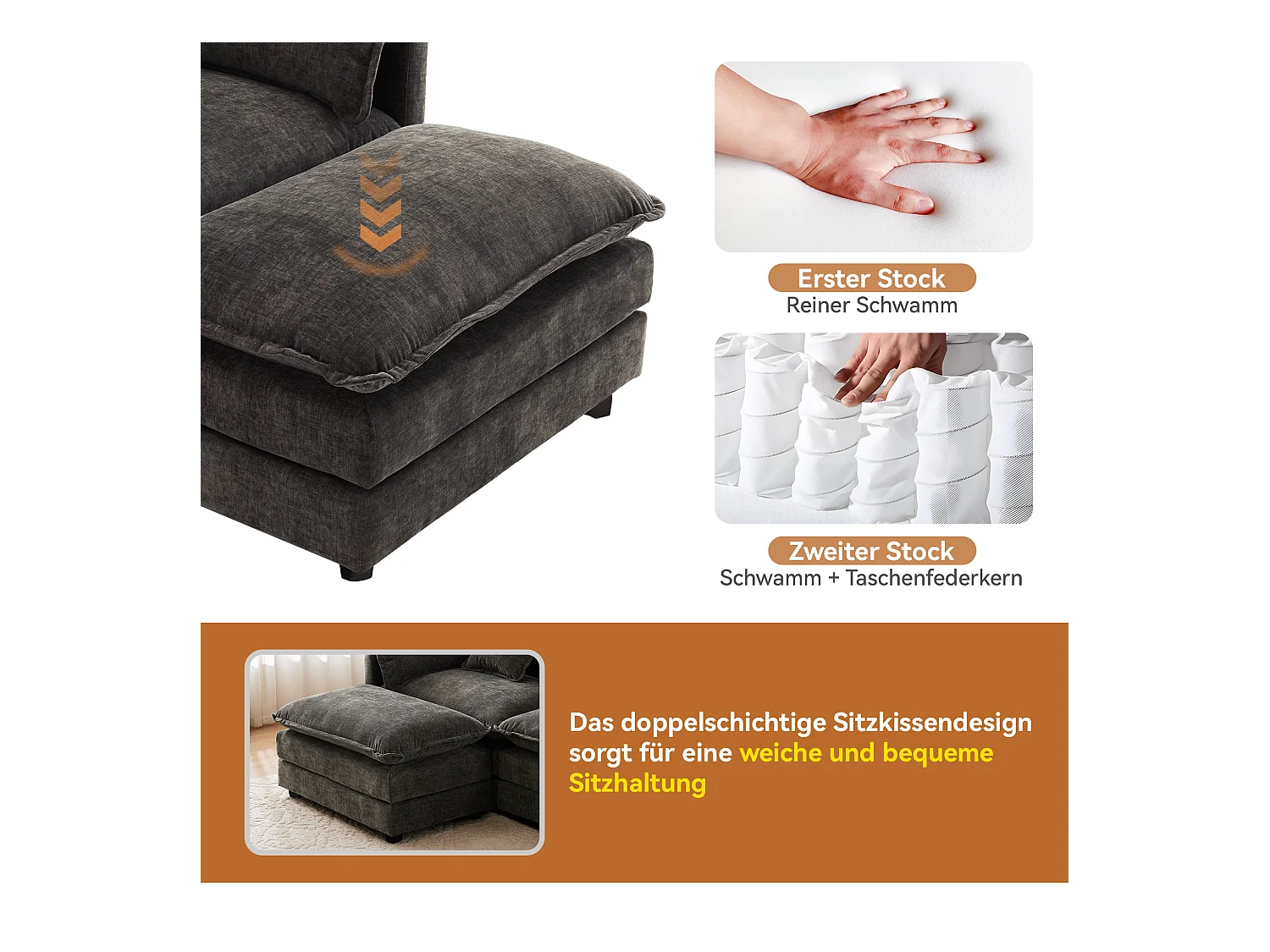 Canapé rembourré 3 places avec repose-pieds - 283 x 147 x 84 cm - pour salon et chambre - velours - gris