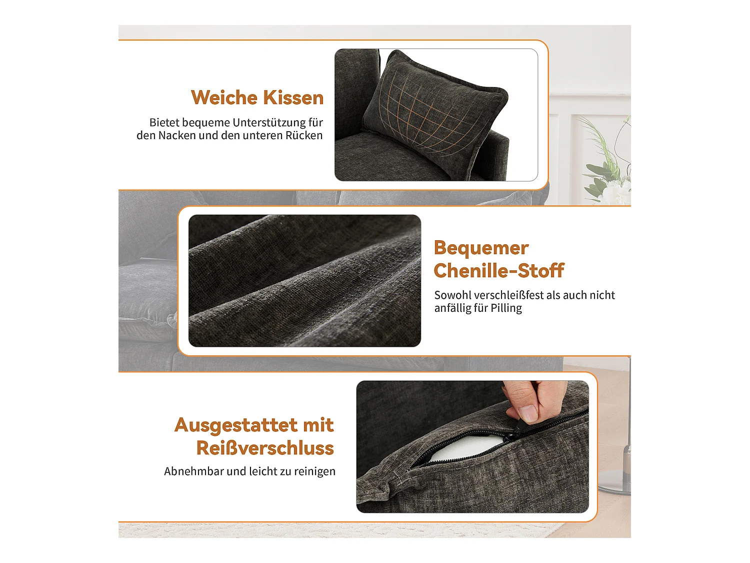 Canapé rembourré 3 places avec repose-pieds - 283 x 147 x 84 cm - pour salon et chambre - velours - gris