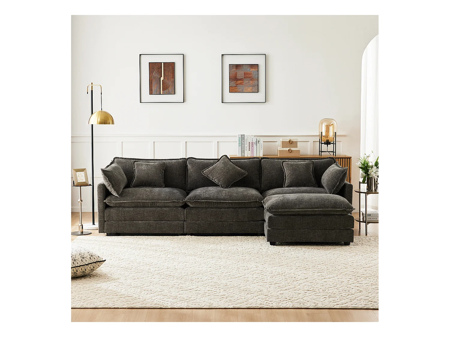 Canapé rembourré 3 places avec repose-pieds - 283 x 147 x 84 cm - pour salon et chambre - velours - gris