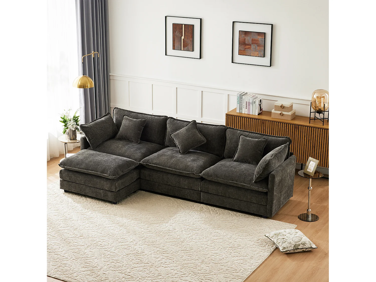 Canapé rembourré 3 places avec repose-pieds - 283 x 147 x 84 cm - pour salon et chambre - velours - gris