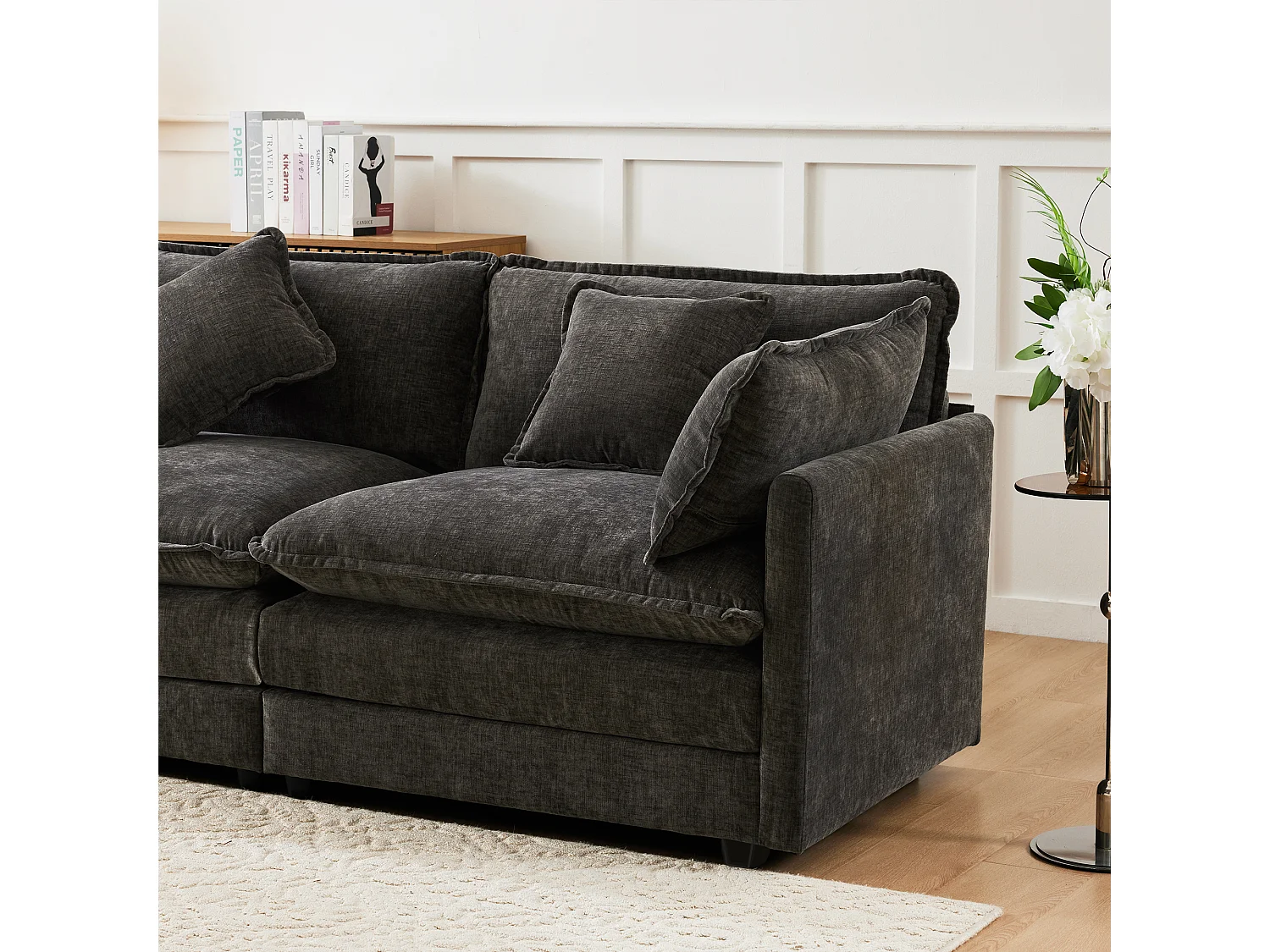 Canapé rembourré 3 places avec repose-pieds - 283 x 147 x 84 cm - pour salon et chambre - velours - gris