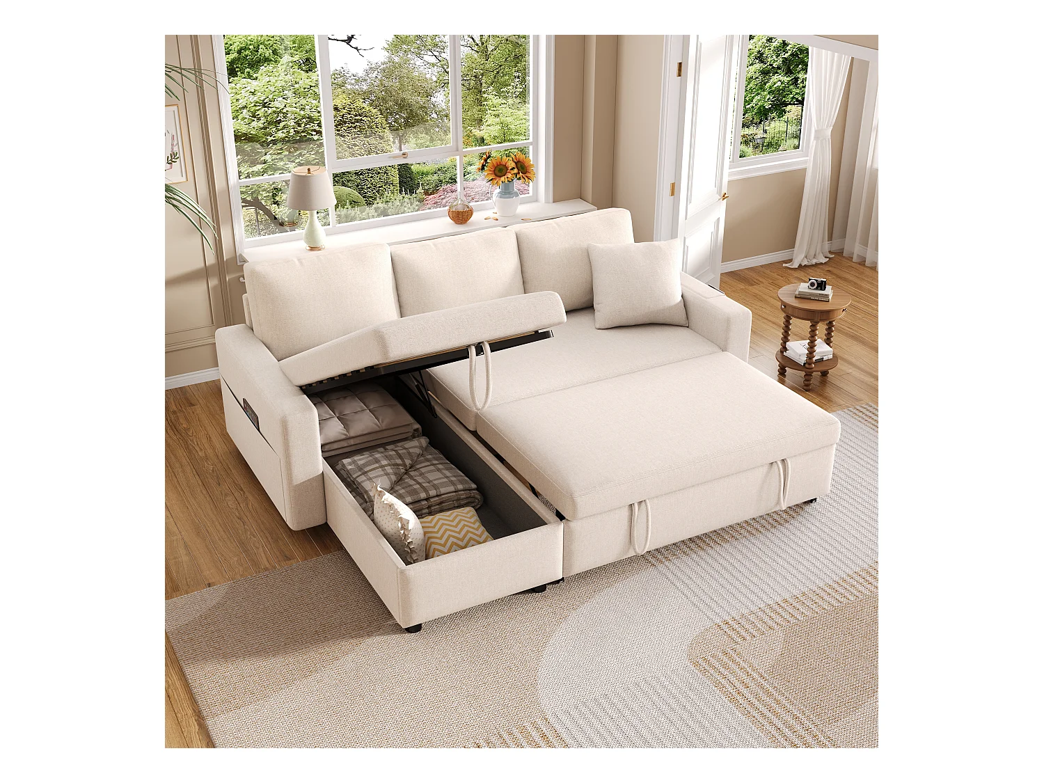 Canapé convertible 3 places avec rangement - 219.5 x 142.5 x 83 cm - canapé-lit de salon - lin - beige