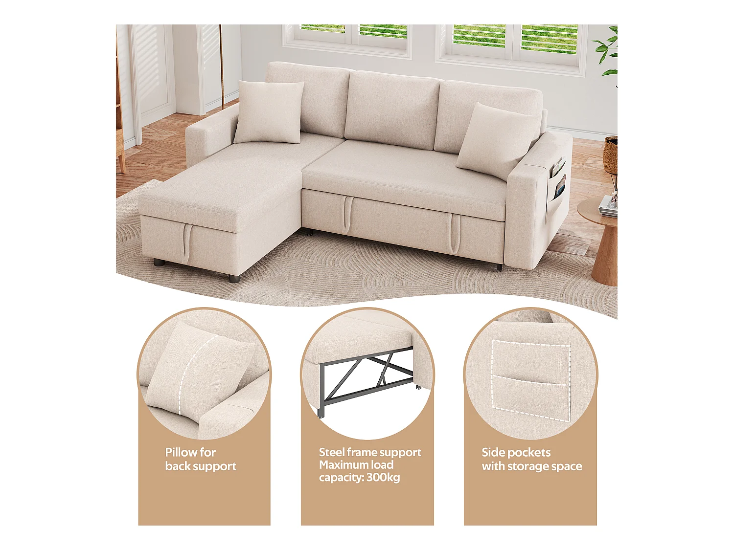 Canapé convertible 3 places avec rangement - 219.5 x 142.5 x 83 cm - canapé-lit de salon - lin - beige