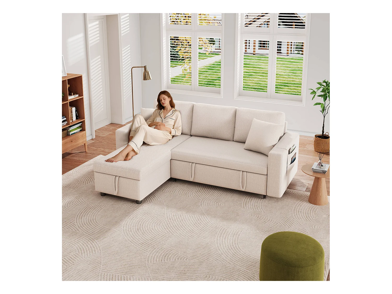 Canapé convertible 3 places avec rangement - 219.5 x 142.5 x 83 cm - canapé-lit de salon - lin - beige
