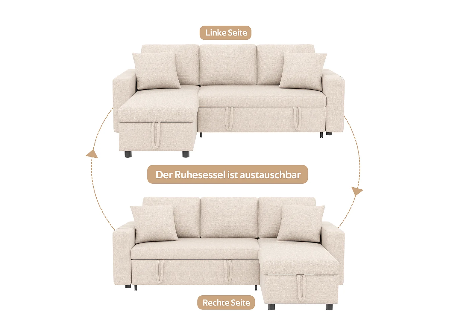 Canapé convertible 3 places avec rangement - 219.5 x 142.5 x 83 cm - canapé-lit de salon - lin - beige