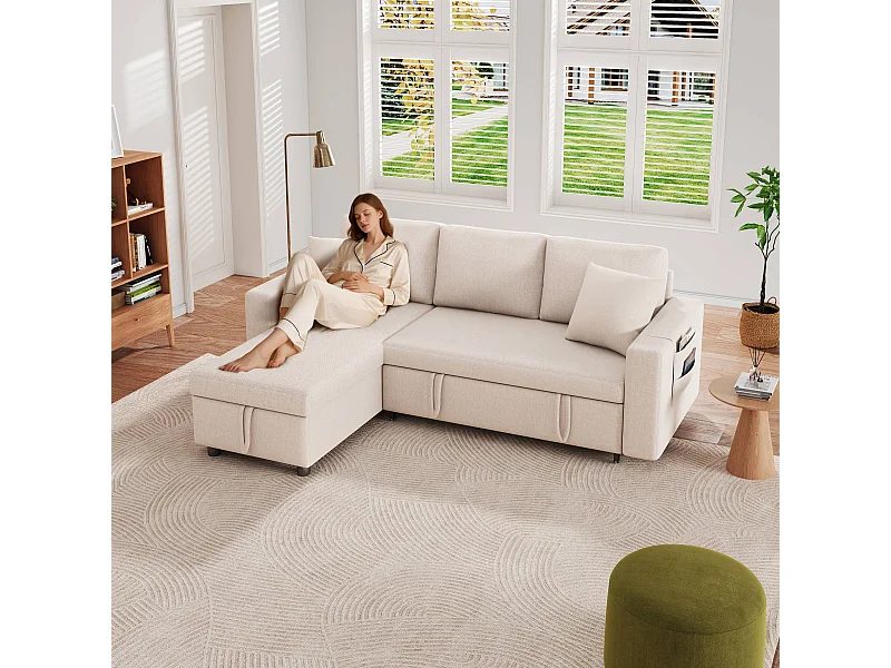 Canapé convertible 3 places avec rangement - 219.5 x 142.5 x 83 cm - canapé-lit de salon - lin - beige