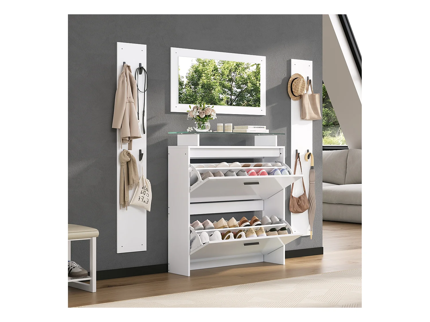 Ensemble de penderie 4 pièces avec miroir + 2 étagères à chapeaux + meuble à chaussures brillant - aggloméré - blanc