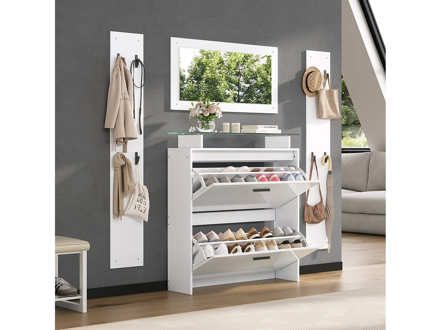 Ensemble de penderie 4 pièces avec miroir + 2 étagères à chapeaux + meuble à chaussures brillant - aggloméré - blanc