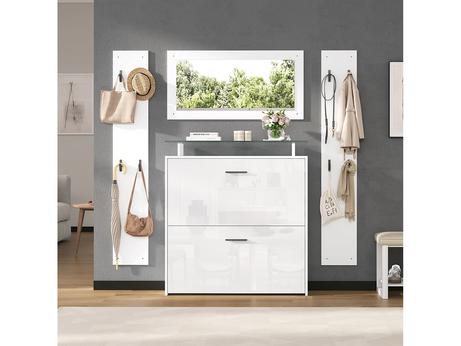 Ensemble de penderie 4 pièces avec miroir + 2 étagères à chapeaux + meuble à chaussures brillant - aggloméré - blanc
