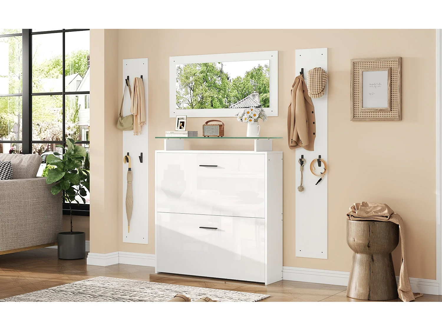 Ensemble de penderie 4 pièces avec miroir + 2 étagères à chapeaux + meuble à chaussures brillant - aggloméré - blanc