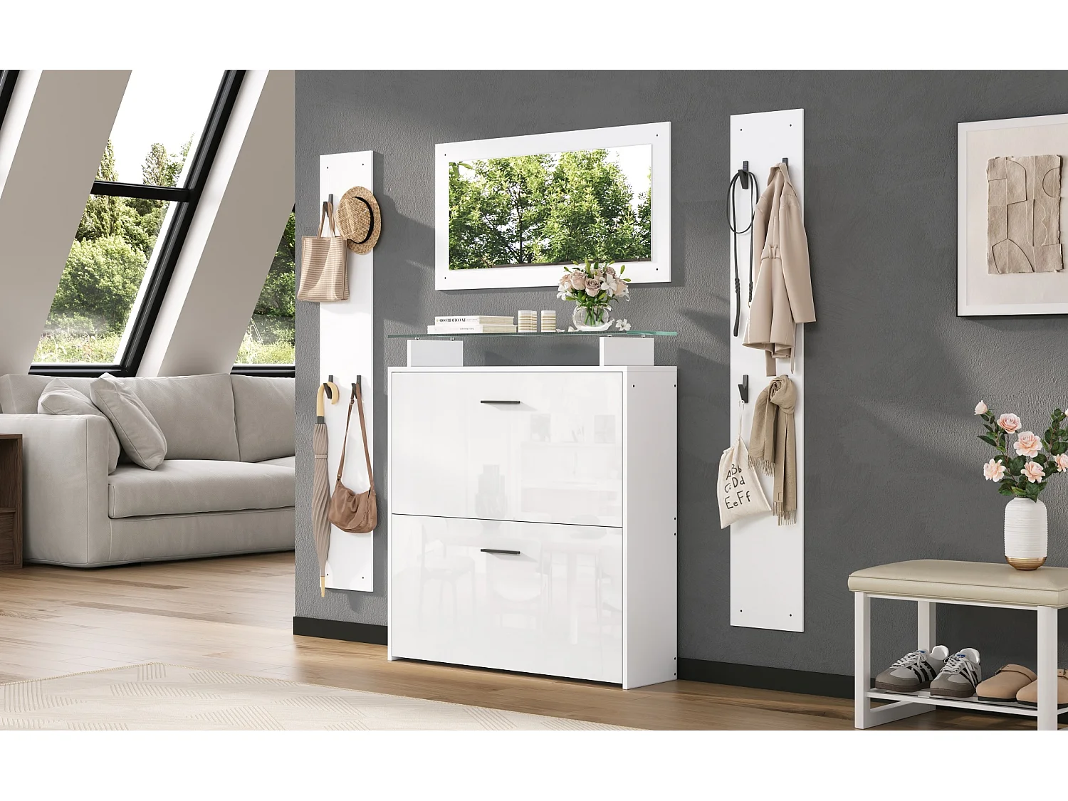 Ensemble de penderie 4 pièces avec miroir + 2 étagères à chapeaux + meuble à chaussures brillant - aggloméré - blanc