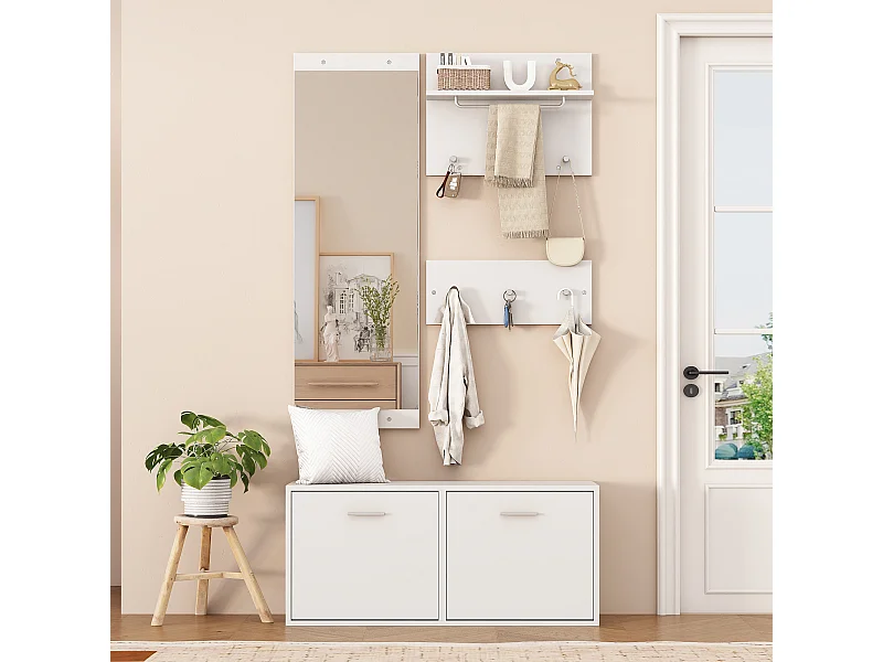 Vestiaire 4 en 1 avec miroir + 2 étagères à chapeaux + meuble à chaussures - 90 x 30 x 41.5 cm - aggloméré - blanc.