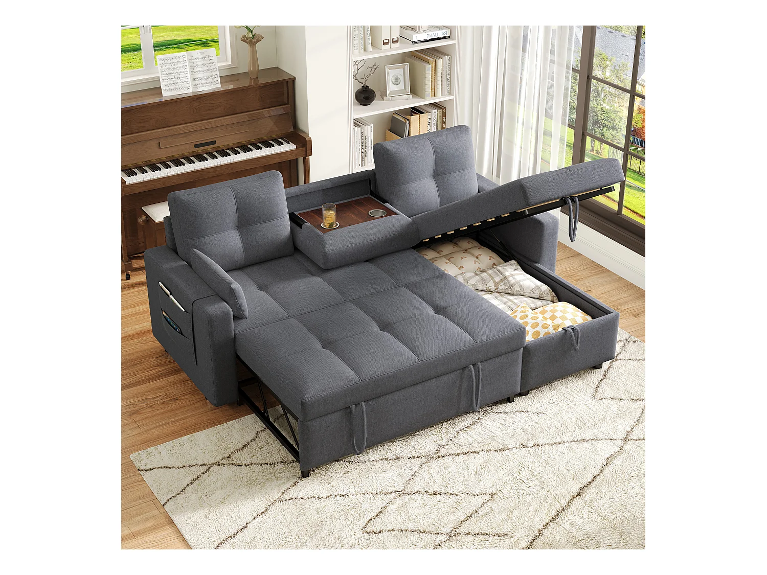 Canapé convertible 2 places avec rangement - 211 x 136 x 87 cm - canapé gigogne de salon - lin - gris