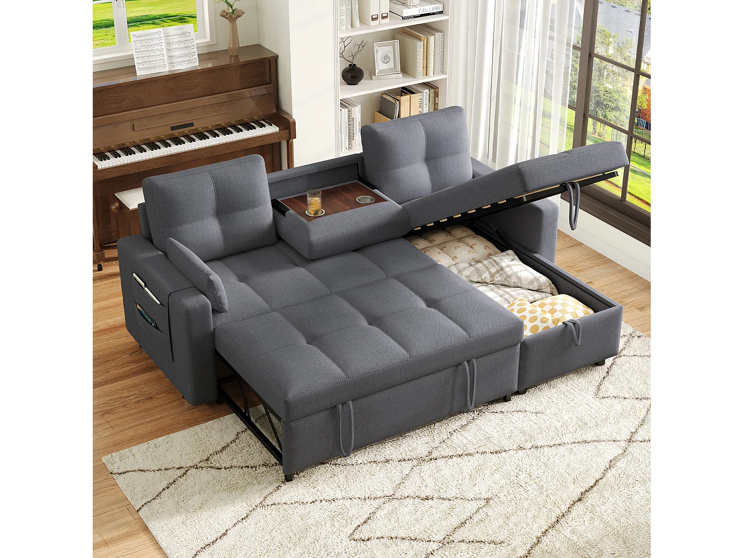 Canapé convertible 2 places avec rangement - 211 x 136 x 87 cm - canapé gigogne de salon - lin - gris