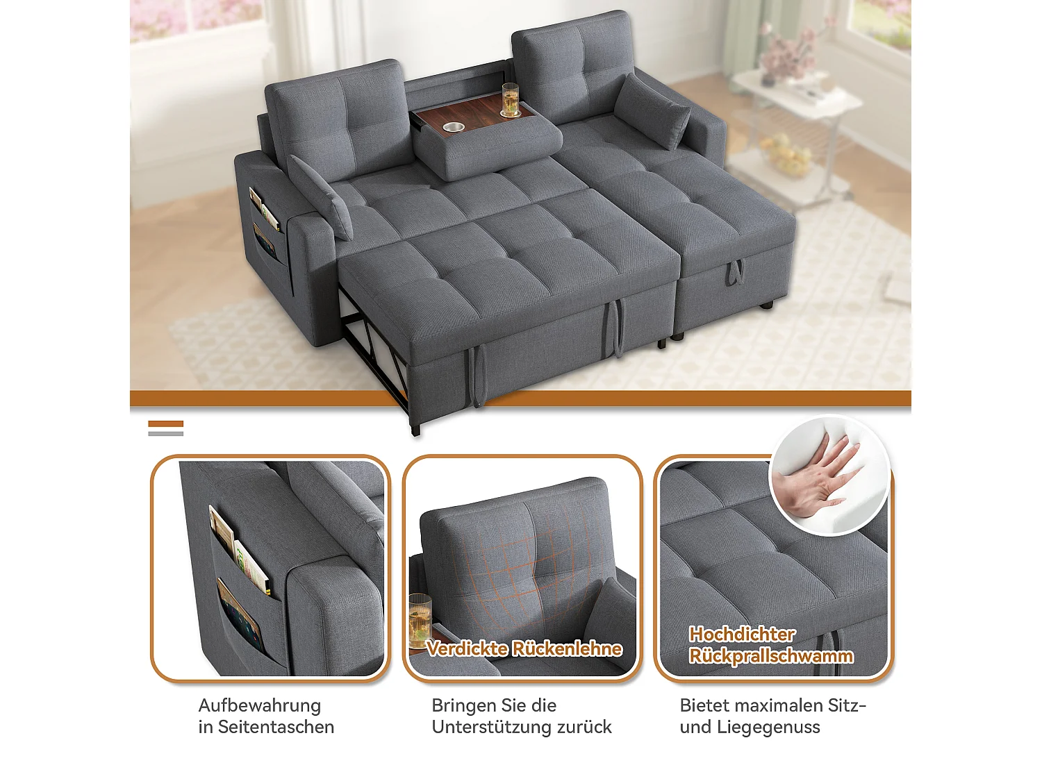 Canapé convertible 2 places avec rangement - 211 x 136 x 87 cm - canapé gigogne de salon - lin - gris