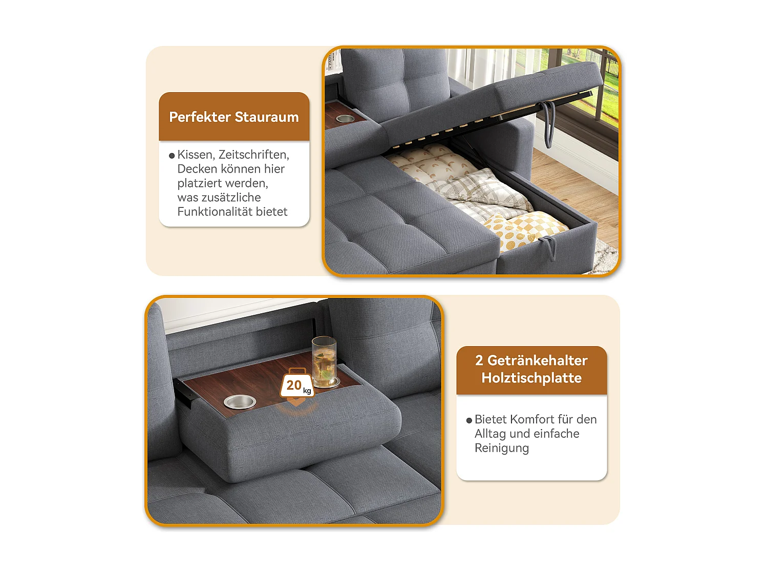 Canapé convertible 2 places avec rangement - 211 x 136 x 87 cm - canapé gigogne de salon - lin - gris