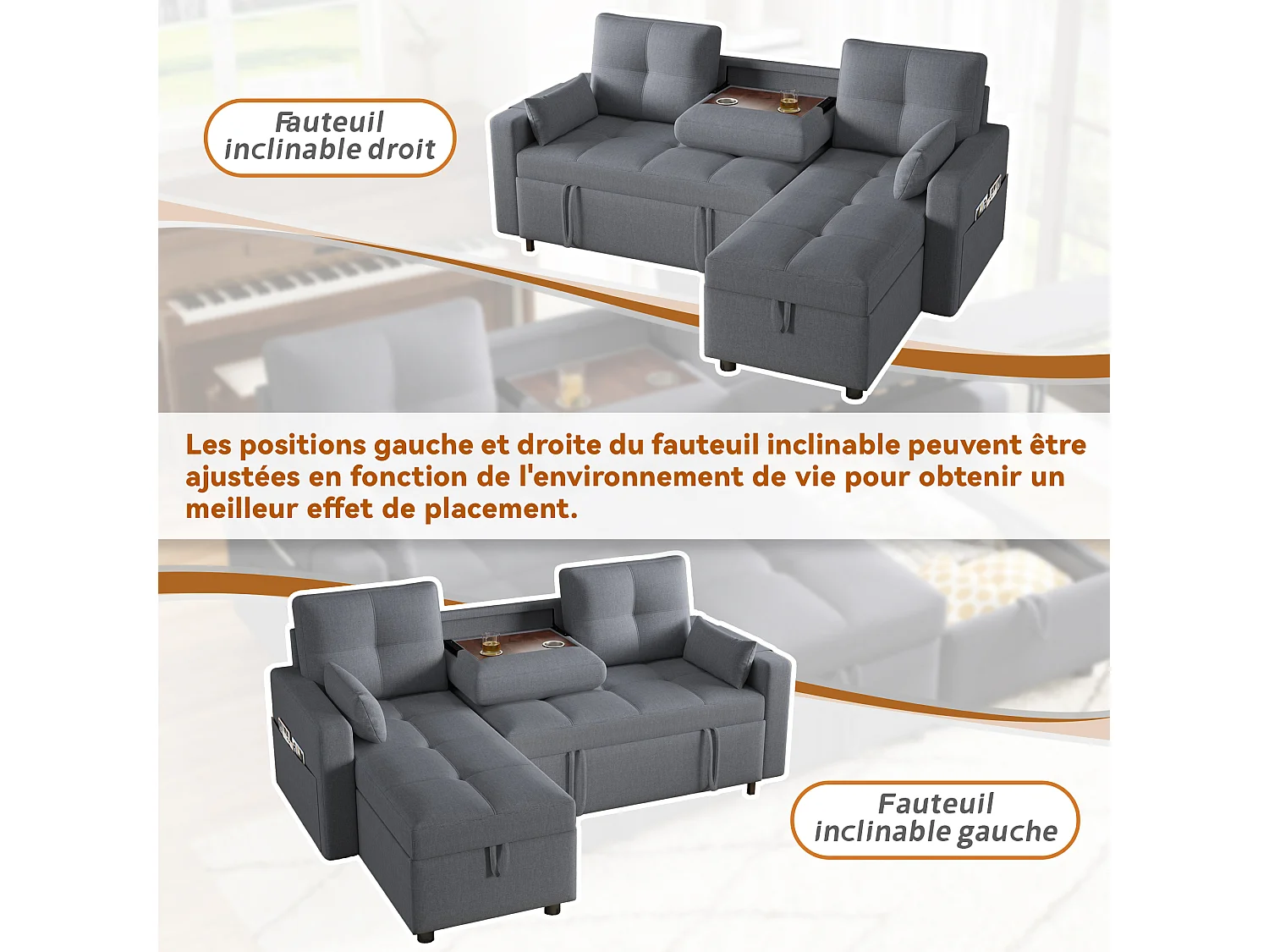 Canapé convertible 2 places avec rangement - 211 x 136 x 87 cm - canapé gigogne de salon - lin - gris