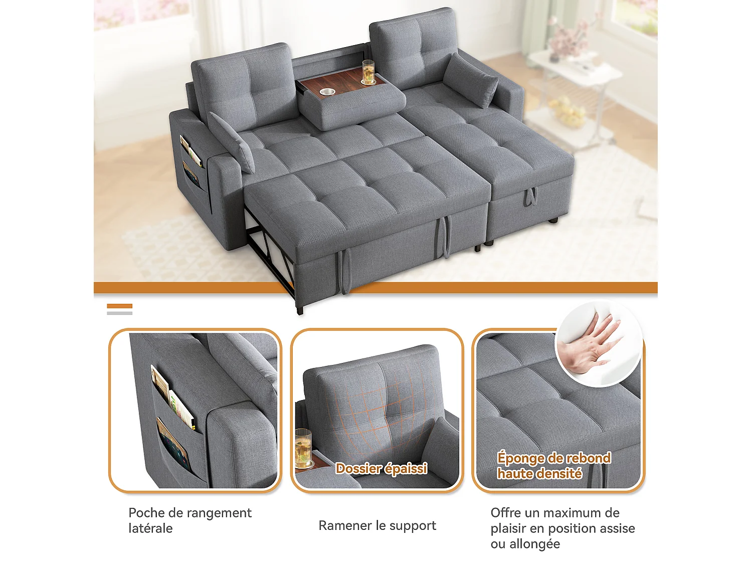 Canapé convertible 2 places avec rangement - 211 x 136 x 87 cm - canapé gigogne de salon - lin - gris