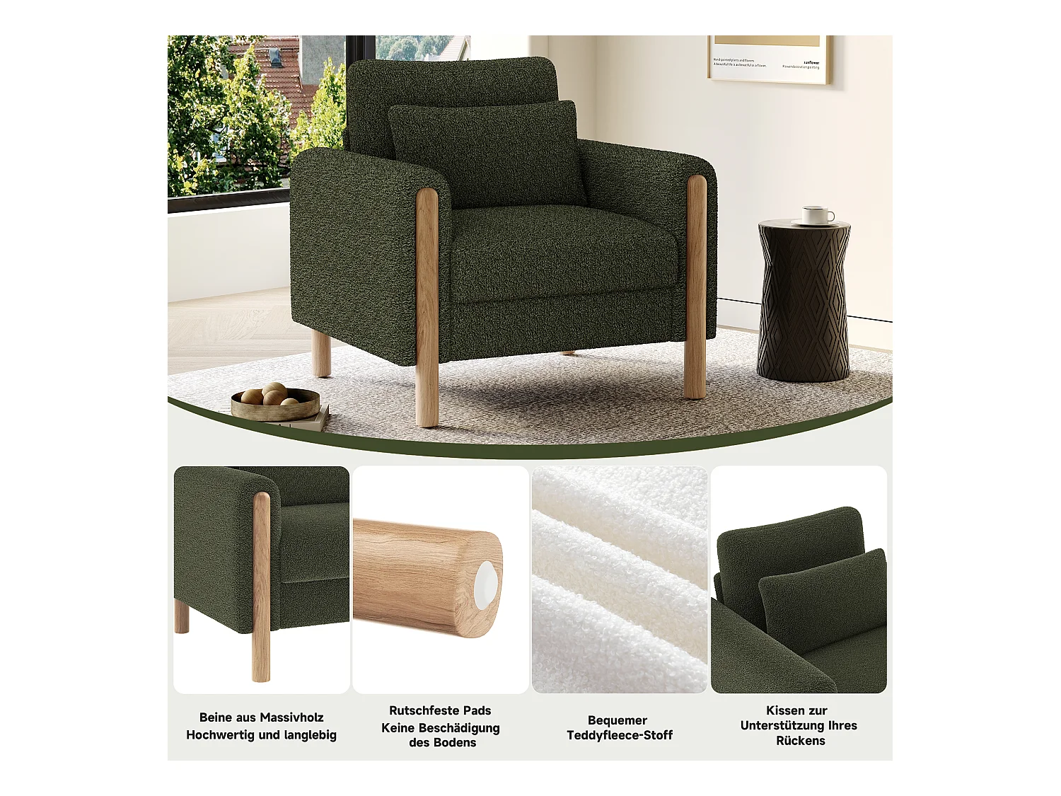 Fauteuil moderne avec coussin épais - 87 x 83 x 88.5 cm - fauteuil simple - velours - vert