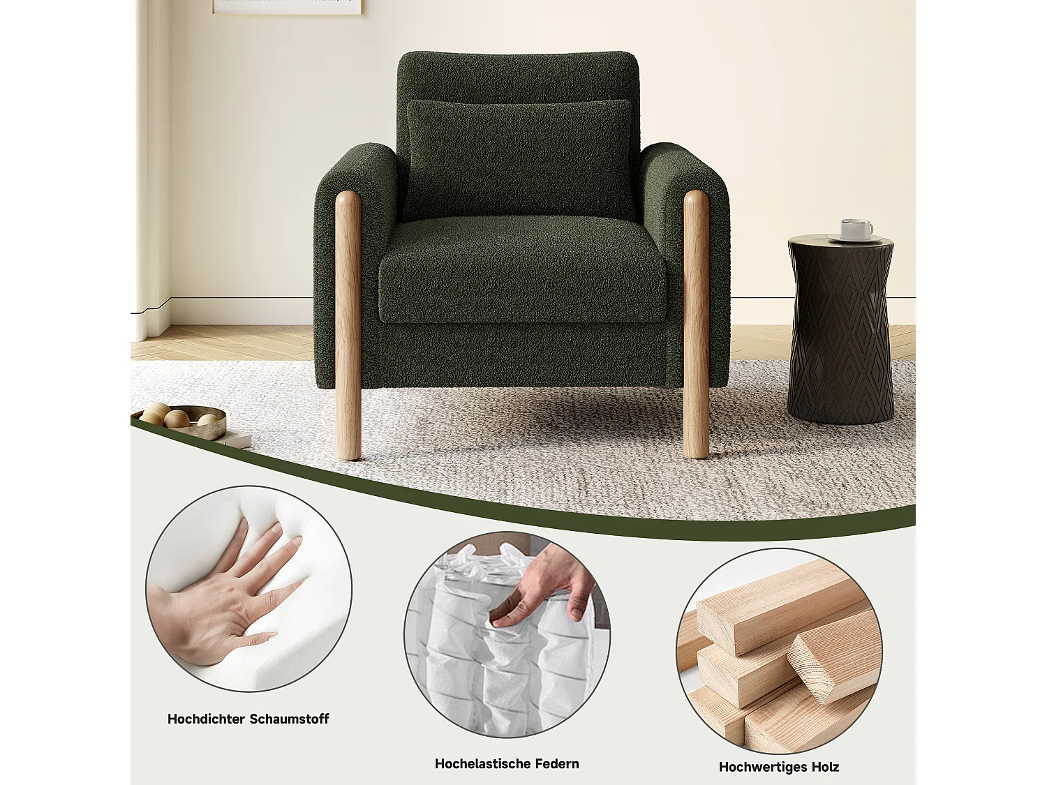 Fauteuil moderne avec coussin épais - 87 x 83 x 88.5 cm - fauteuil simple - velours - vert