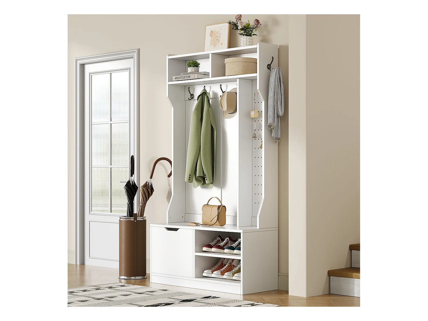 Vestiaire avec banc + 6 crochets + 1 porte + 4 rangement ouverts - 100 x 40 x 185.5 cm - aggloméré - blanc