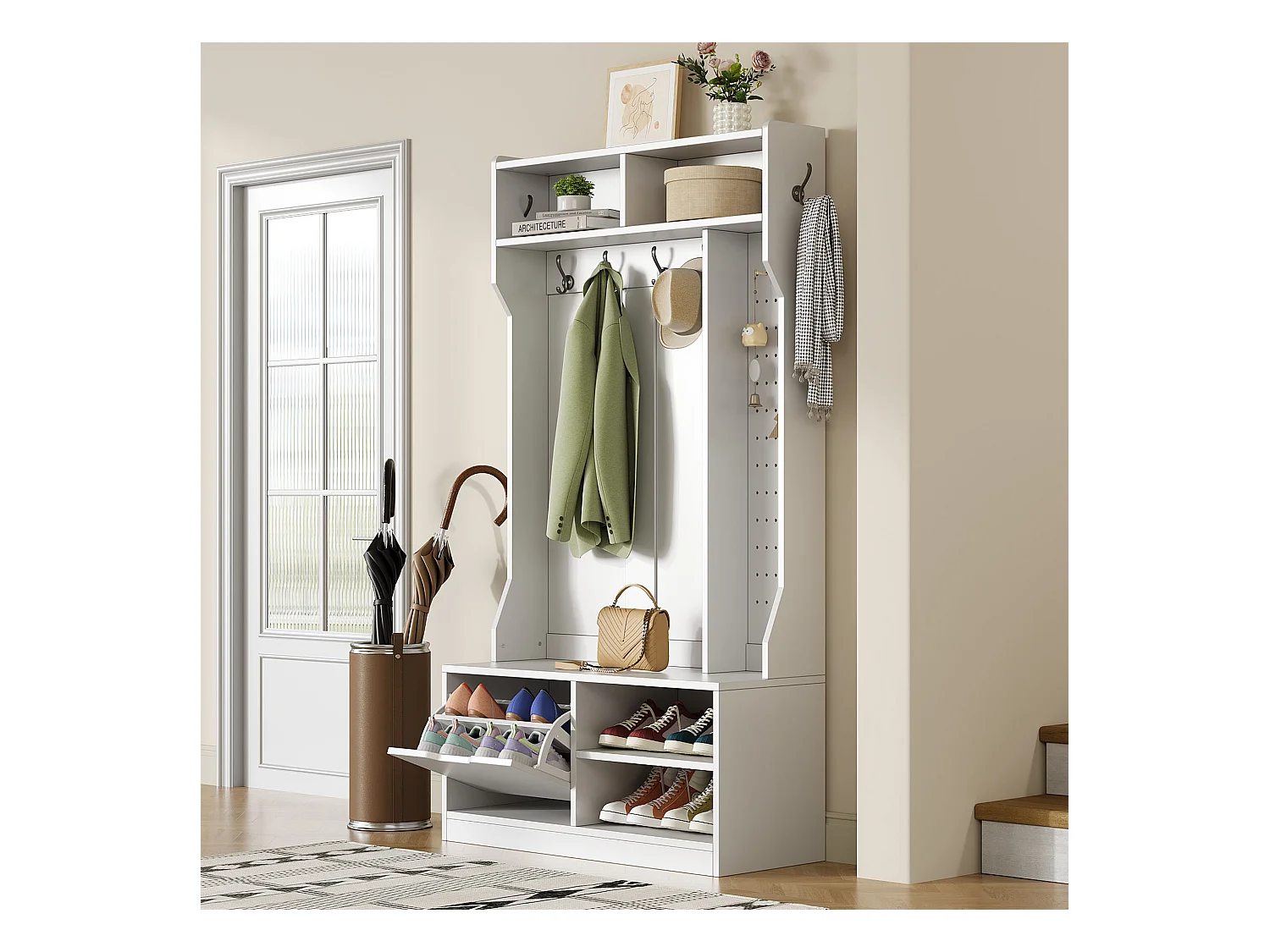 Vestiaire avec banc + 6 crochets + 1 porte + 4 rangement ouverts - 100 x 40 x 185.5 cm - aggloméré - blanc