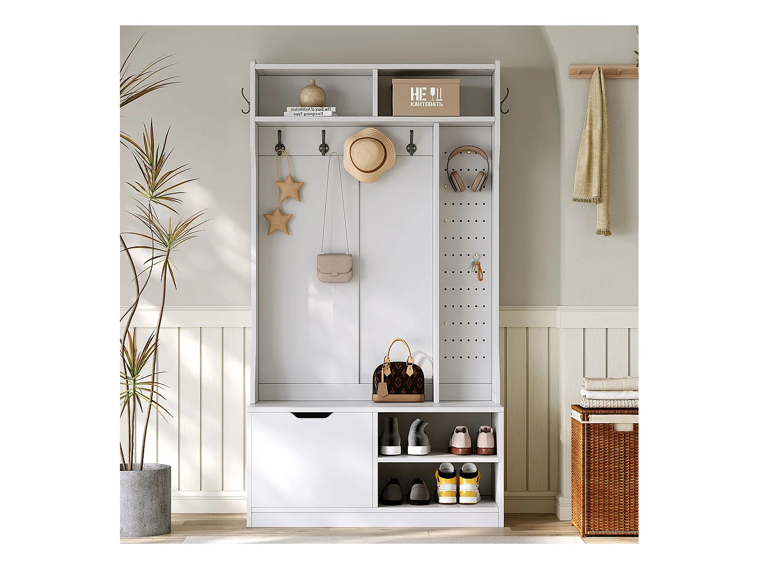 Vestiaire avec banc + 6 crochets + 1 porte + 4 rangement ouverts - 100 x 40 x 185.5 cm - aggloméré - blanc