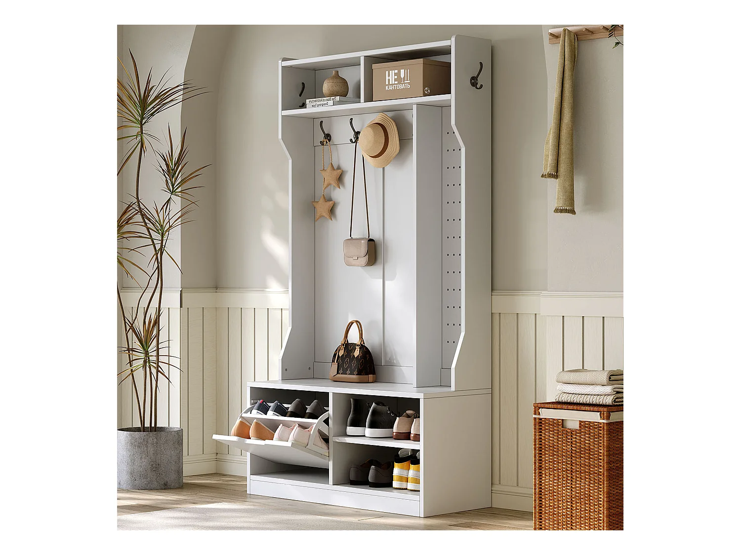 Vestiaire avec banc + 6 crochets + 1 porte + 4 rangement ouverts - 100 x 40 x 185.5 cm - aggloméré - blanc