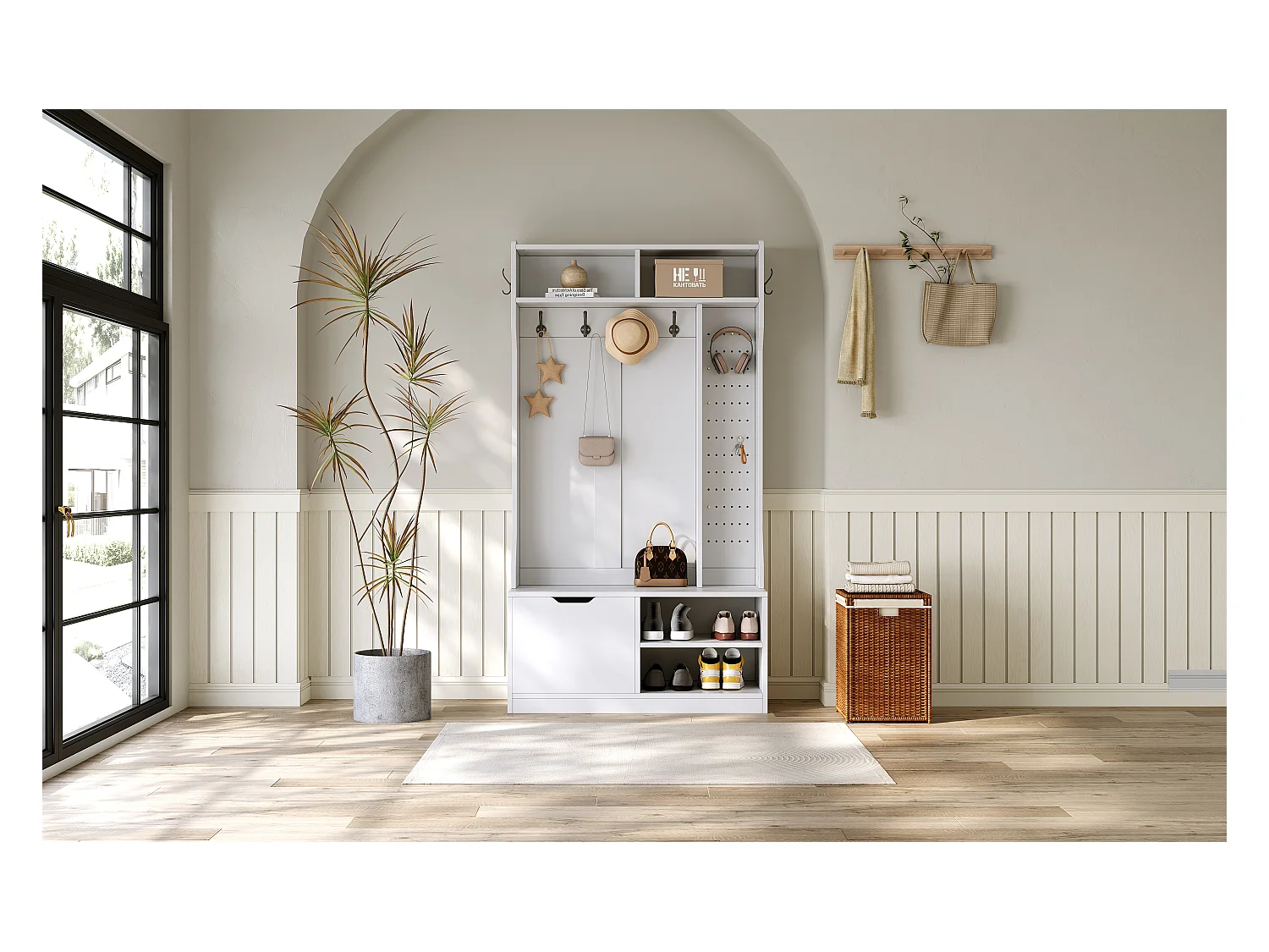 Vestiaire avec banc + 6 crochets + 1 porte + 4 rangement ouverts - 100 x 40 x 185.5 cm - aggloméré - blanc