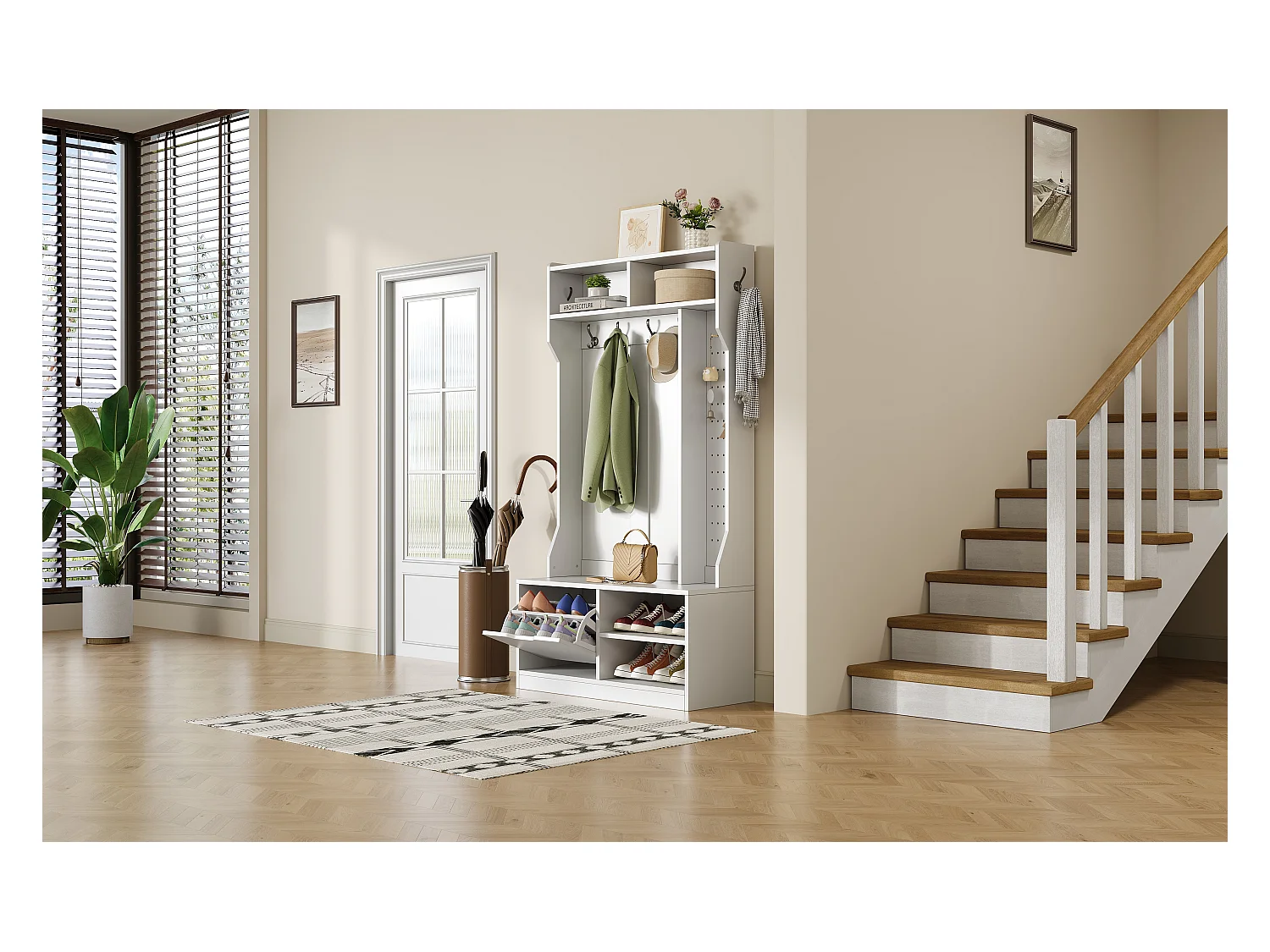 Vestiaire avec banc + 6 crochets + 1 porte + 4 rangement ouverts - 100 x 40 x 185.5 cm - aggloméré - blanc