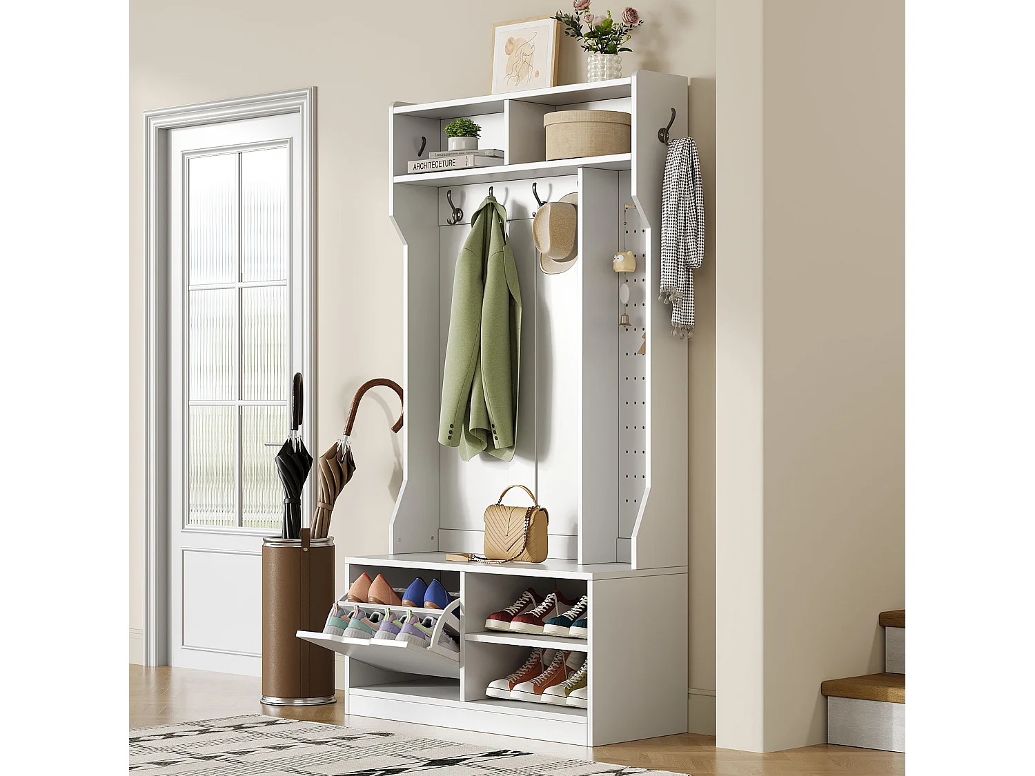 Vestiaire avec banc + 6 crochets + 1 porte + 4 rangement ouverts - 100 x 40 x 185.5 cm - aggloméré - blanc