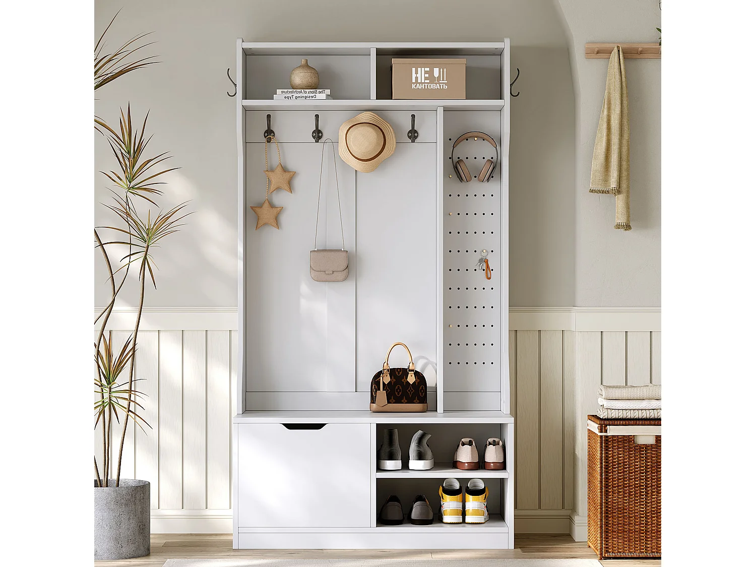 Vestiaire avec banc + 6 crochets + 1 porte + 4 rangement ouverts - 100 x 40 x 185.5 cm - aggloméré - blanc