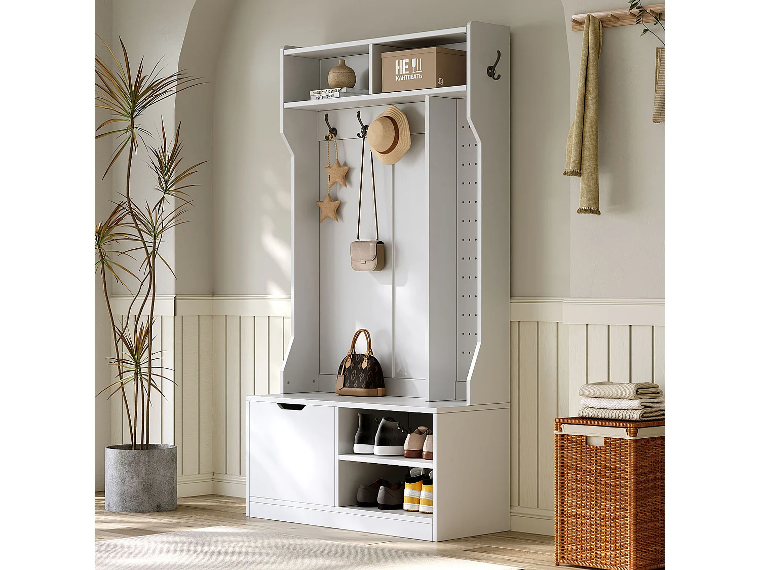 Vestiaire avec banc + 6 crochets + 1 porte + 4 rangement ouverts - 100 x 40 x 185.5 cm - aggloméré - blanc