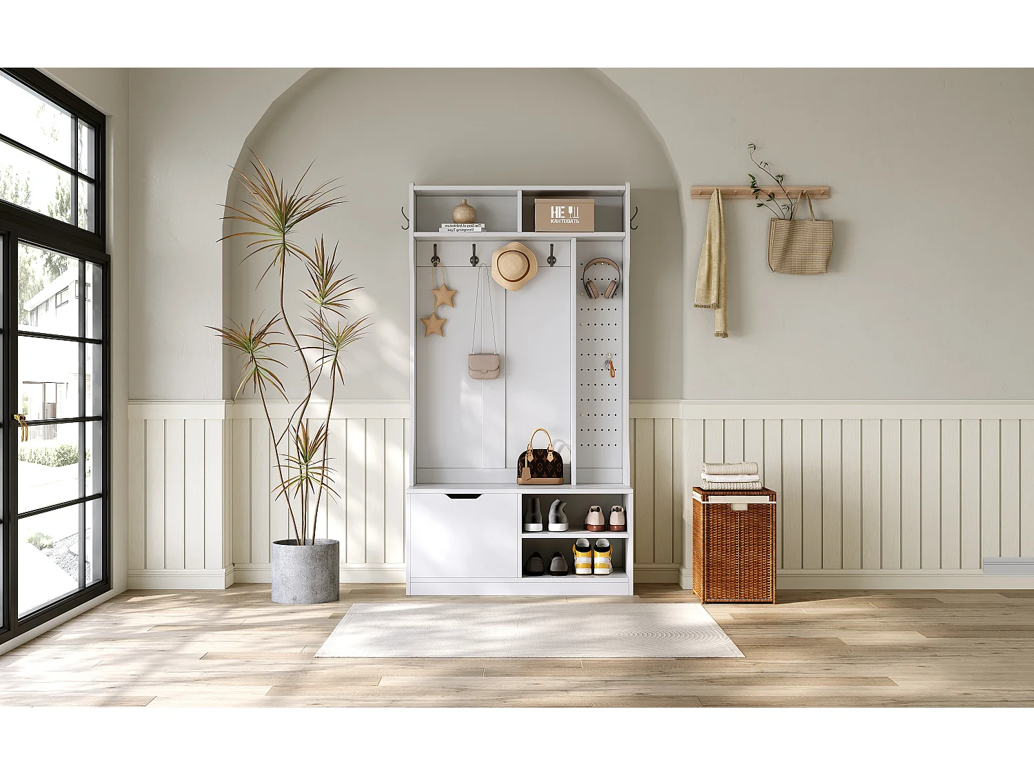 Vestiaire avec banc + 6 crochets + 1 porte + 4 rangement ouverts - 100 x 40 x 185.5 cm - aggloméré - blanc