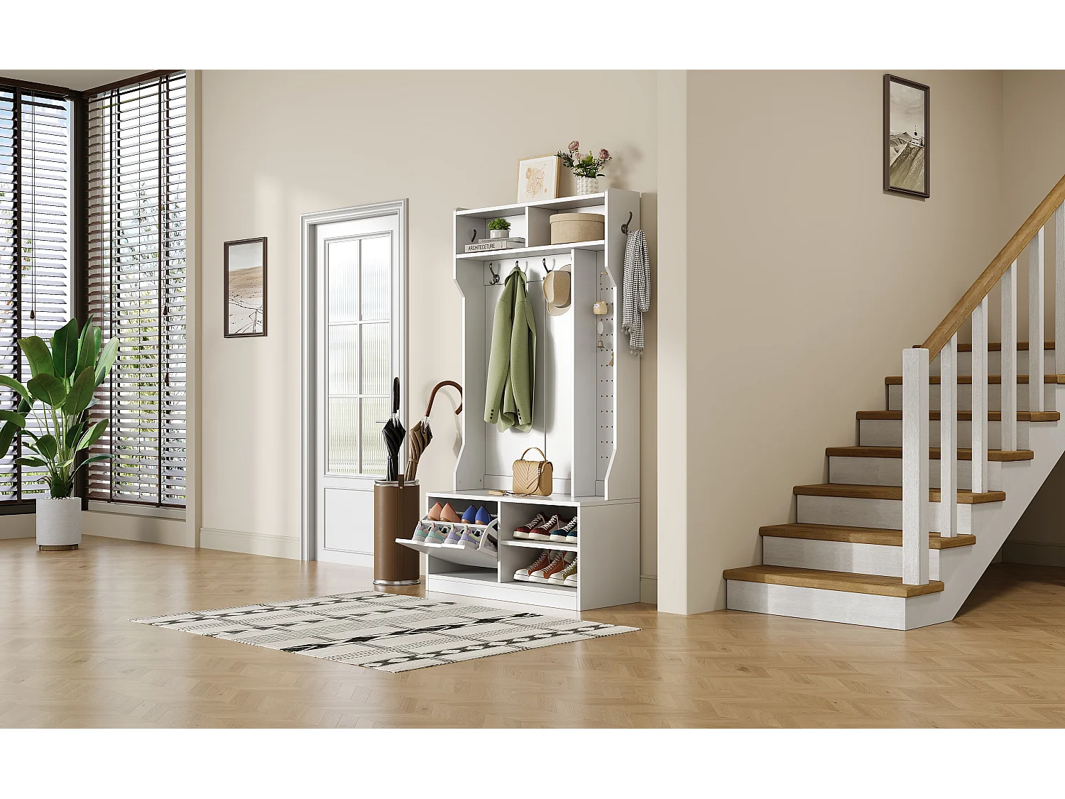 Vestiaire avec banc + 6 crochets + 1 porte + 4 rangement ouverts - 100 x 40 x 185.5 cm - aggloméré - blanc