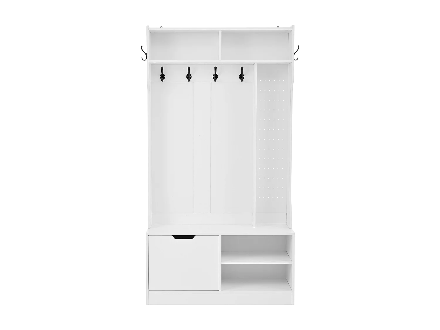 Vestiaire avec banc + 6 crochets + 1 porte + 4 rangement ouverts - 100 x 40 x 185.5 cm - aggloméré - blanc