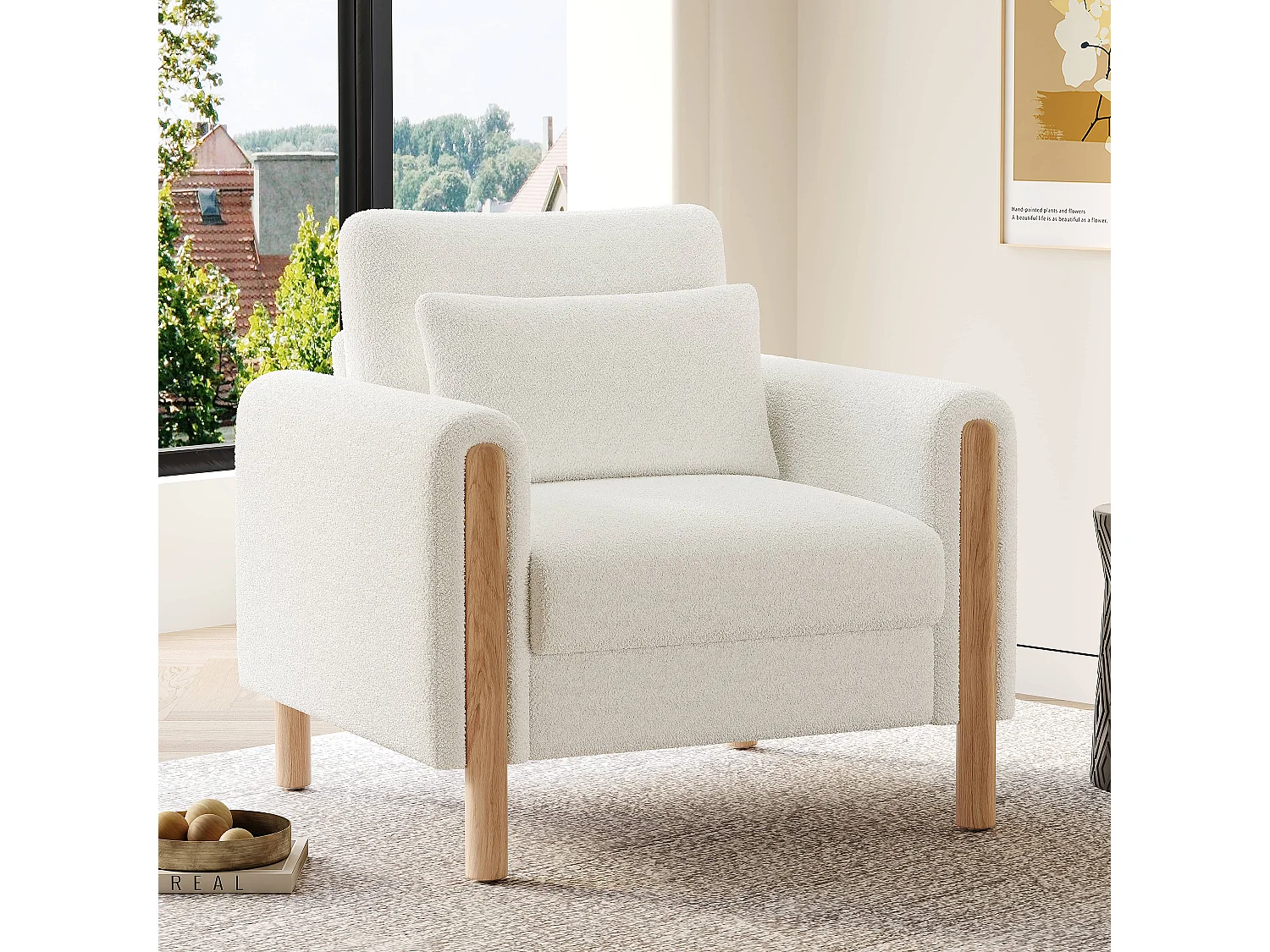 Fauteuil moderne avec coussin épais - 87 x 83 x 88.5 cm - fauteuil simple - velours - blanc