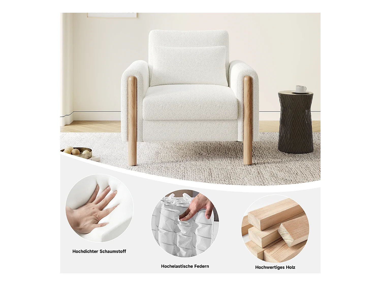 Fauteuil moderne avec coussin épais - 87 x 83 x 88.5 cm - fauteuil simple - velours - blanc