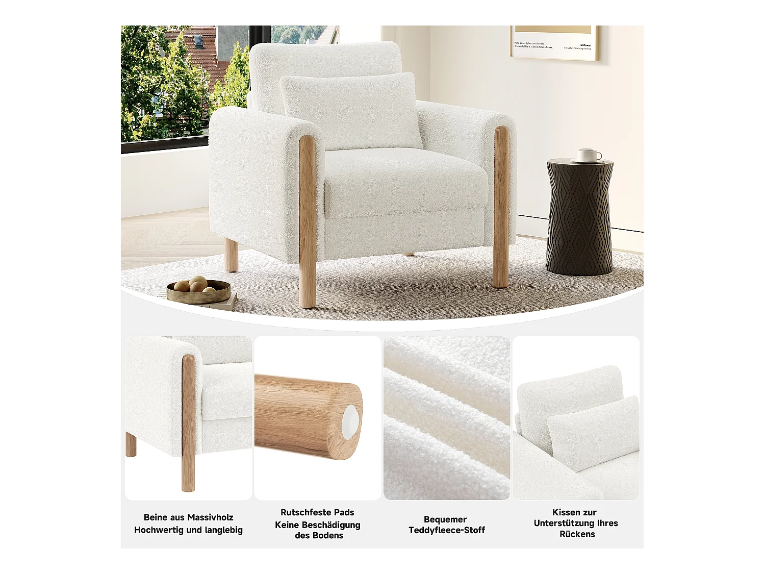 Fauteuil moderne avec coussin épais - 87 x 83 x 88.5 cm - fauteuil simple - velours - blanc