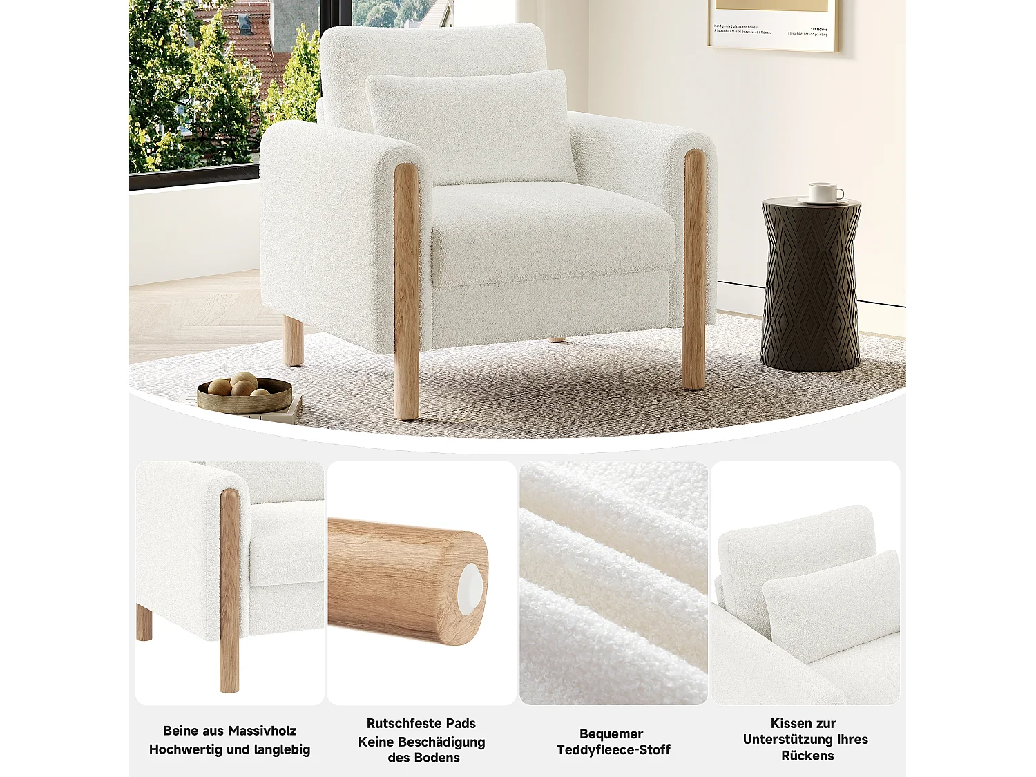 Fauteuil moderne avec coussin épais - 87 x 83 x 88.5 cm - fauteuil simple - velours - blanc