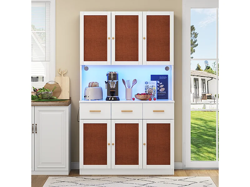 Buffet de cuisine haut avec Leds et prise - 105 x 43 x 182 cm - avec 6 portes en tissu + 3 tiroirs - MDF - blanc