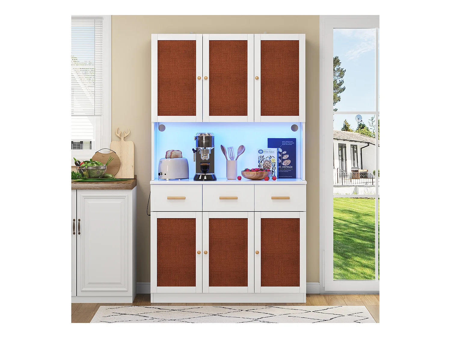 Buffet de cuisine haut avec Leds et prise - 105 x 43 x 182 cm - avec 6 portes en tissu + 3 tiroirs - MDF - blanc