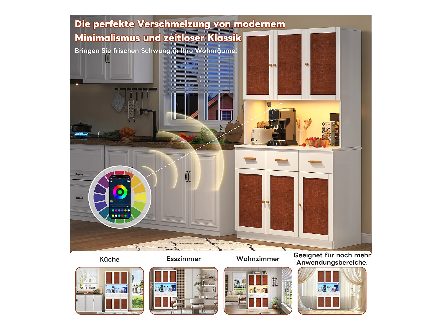 Buffet de cuisine haut avec Leds et prise - 105 x 43 x 182 cm - avec 6 portes en tissu + 3 tiroirs - MDF - blanc