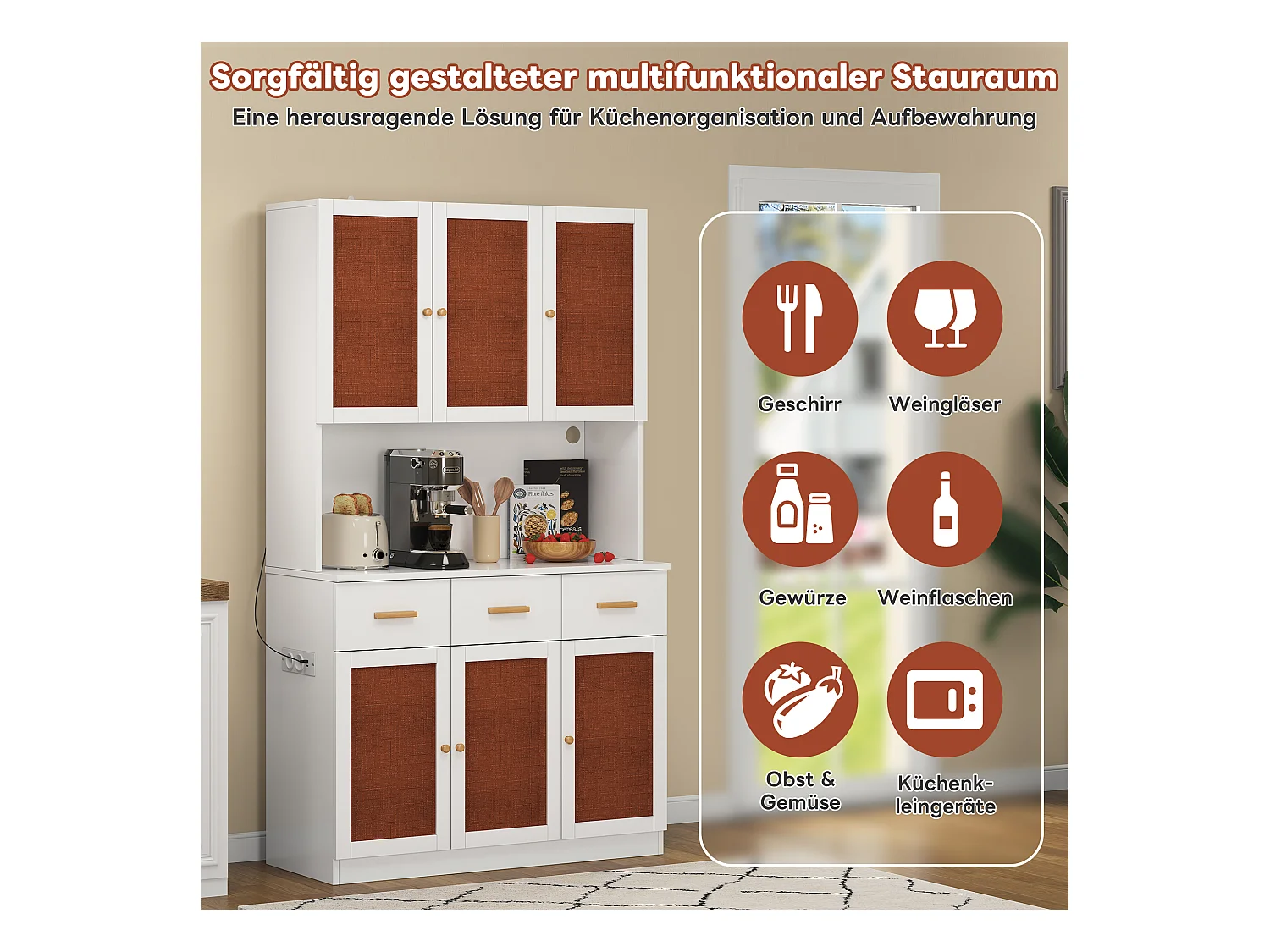 Buffet de cuisine haut avec Leds et prise - 105 x 43 x 182 cm - avec 6 portes en tissu + 3 tiroirs - MDF - blanc