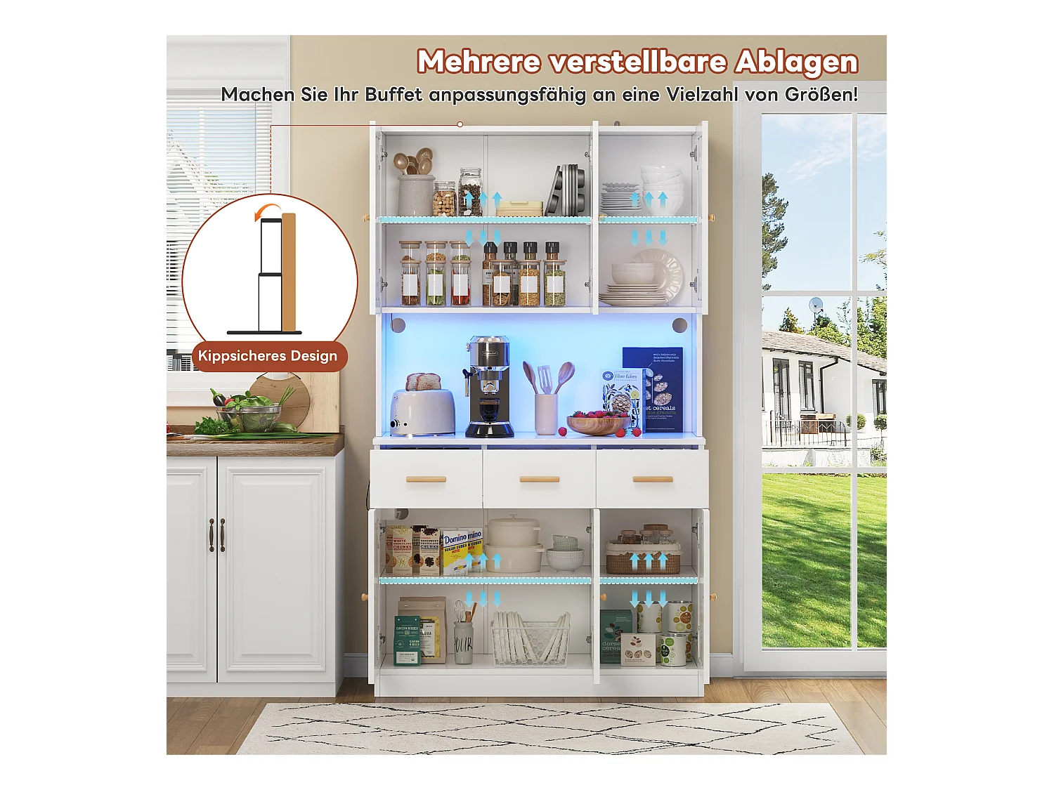 Buffet de cuisine haut avec Leds et prise - 105 x 43 x 182 cm - avec 6 portes en tissu + 3 tiroirs - MDF - blanc