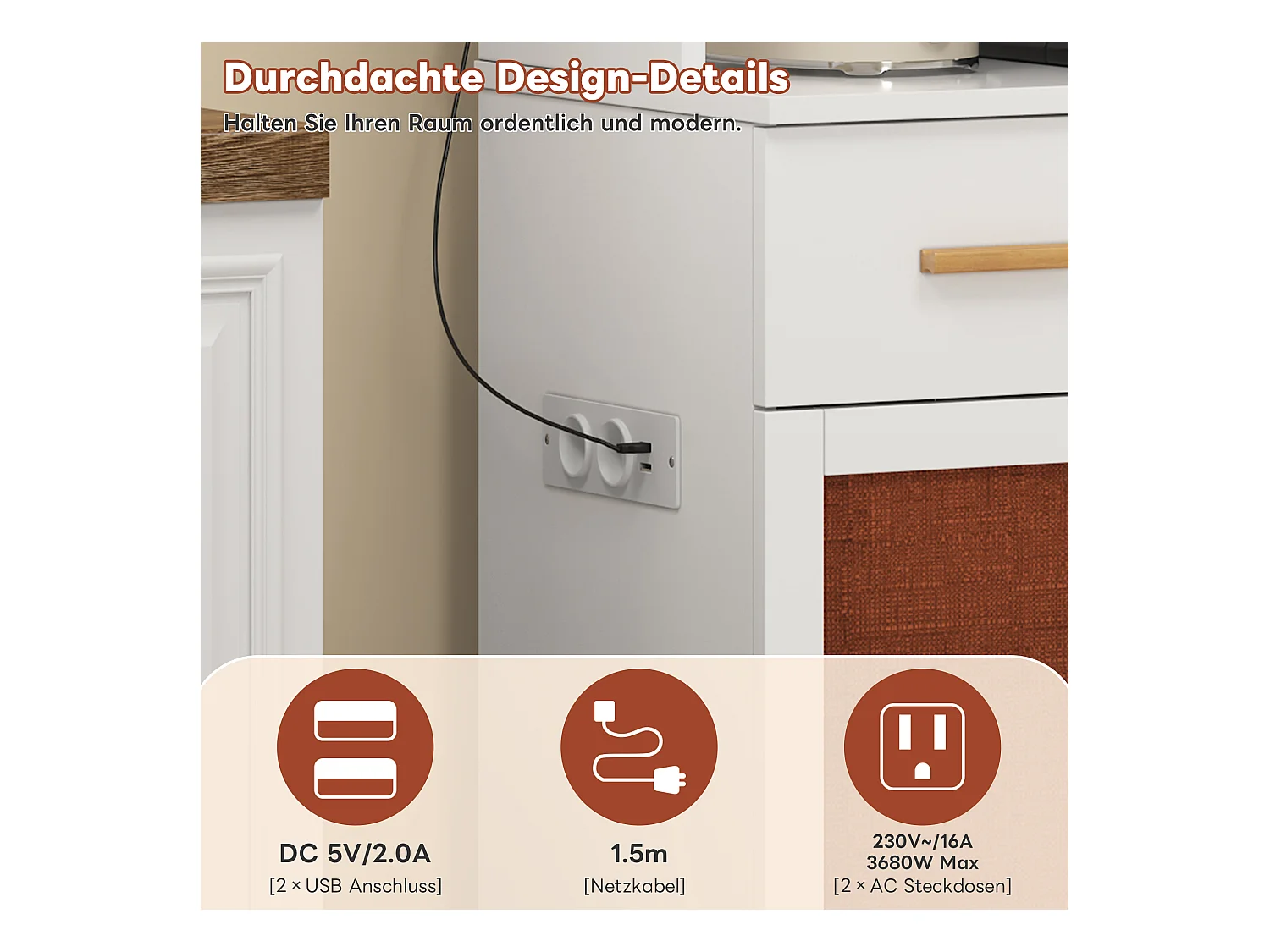 Buffet de cuisine haut avec Leds et prise - 105 x 43 x 182 cm - avec 6 portes en tissu + 3 tiroirs - MDF - blanc