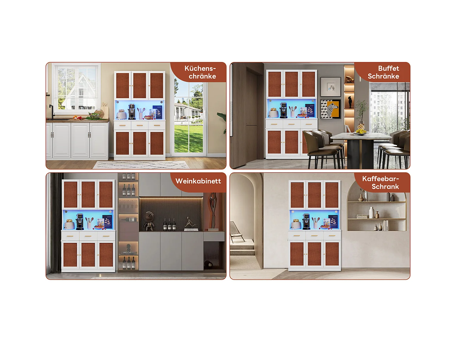 Buffet de cuisine haut avec Leds et prise - 105 x 43 x 182 cm - avec 6 portes en tissu + 3 tiroirs - MDF - blanc