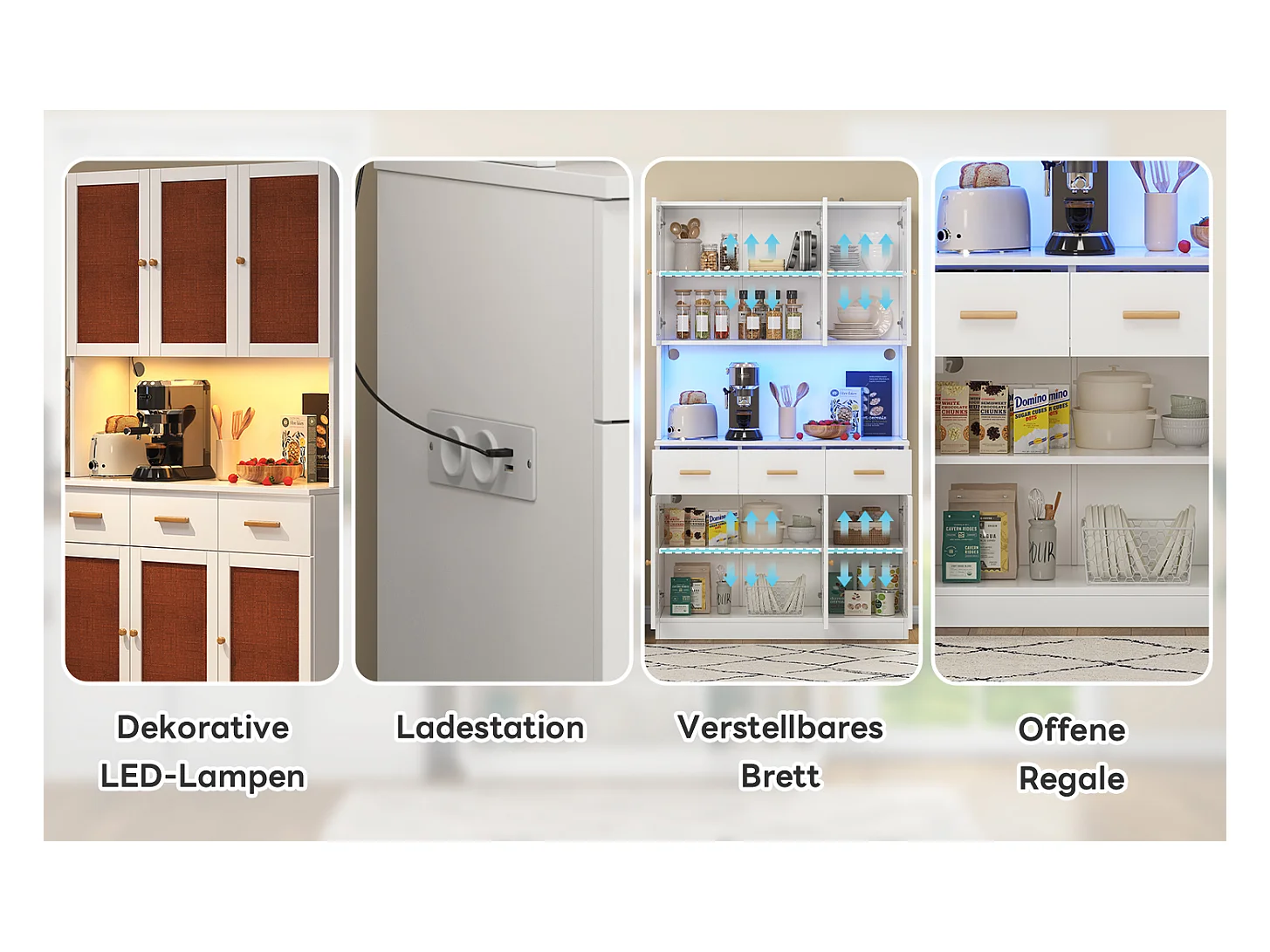 Buffet de cuisine haut avec Leds et prise - 105 x 43 x 182 cm - avec 6 portes en tissu + 3 tiroirs - MDF - blanc